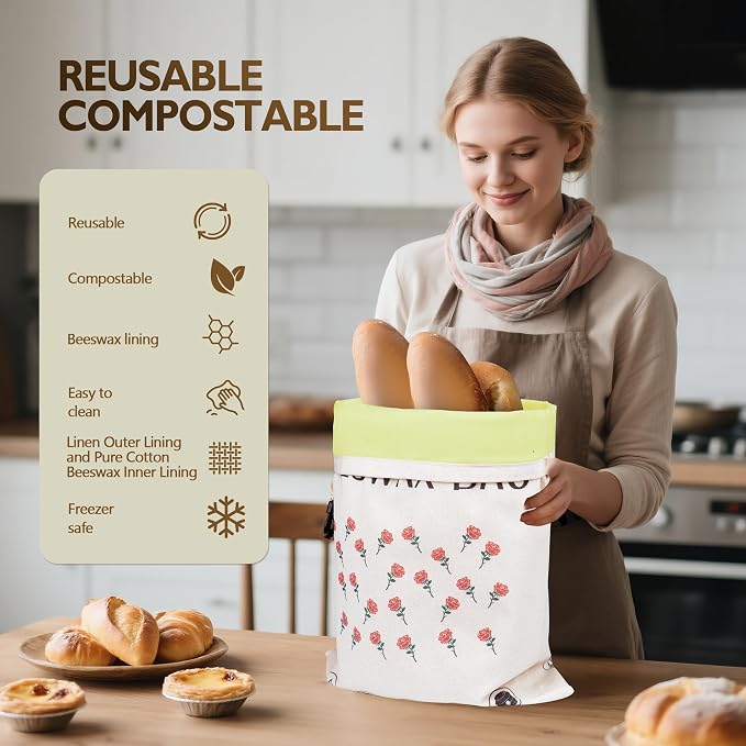2 Pack Beeswax Bread Bag,17"×13"Reusable Organic Bread Bags for Homemade Bread Sourdough,Linen Outer Lining and Pure Cotton Beewax Inner Lining Moisture-proof &Fresh-Preserving With Buckle&Bowl Covers