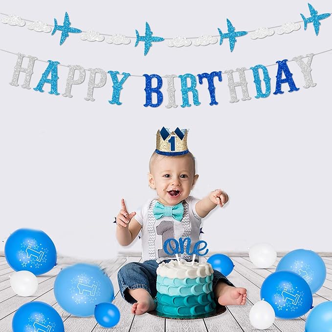 Zwiebeco Blue White Silver Happy Birthday Banner Sign Airplane Clouds Theme Hanging Paper Party Decorations for Babys Kids Boys Girls Children's Accessories Supplies