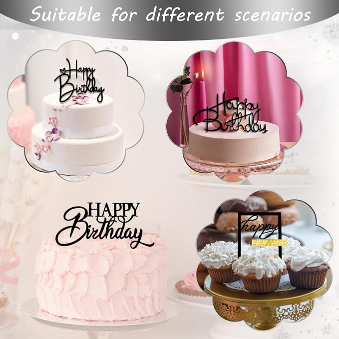 Wootkey 10 PCS Black Happy Birthday Cake Topper Mirror Acrylic Cupcake Toppers Double-Sided Happy Birthday Sign for Cake Side Cupcake DIY Birthday Gift Flower Bouquet Decor