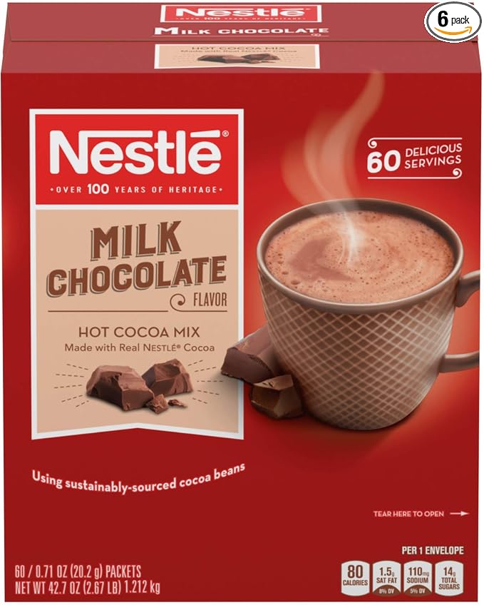 Nestle Hot Chocolate Packets, Milk Chocolate Flavor Hot Cocoa Mix, Made with Real Cocoa, Bulk Pack, 0.71 oz Packet (60 Count) (Pack of 6)