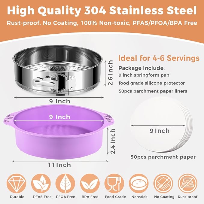 Non-toxic Springform Pan 9 Inch Nonstick Cheesecake Pan with Sleeve | Leakproof Spring Form Pan for Cheesecake, Stainless Steel 9 Inch Springform Pan, Cheese Cake Pans for Baking and Water Bath