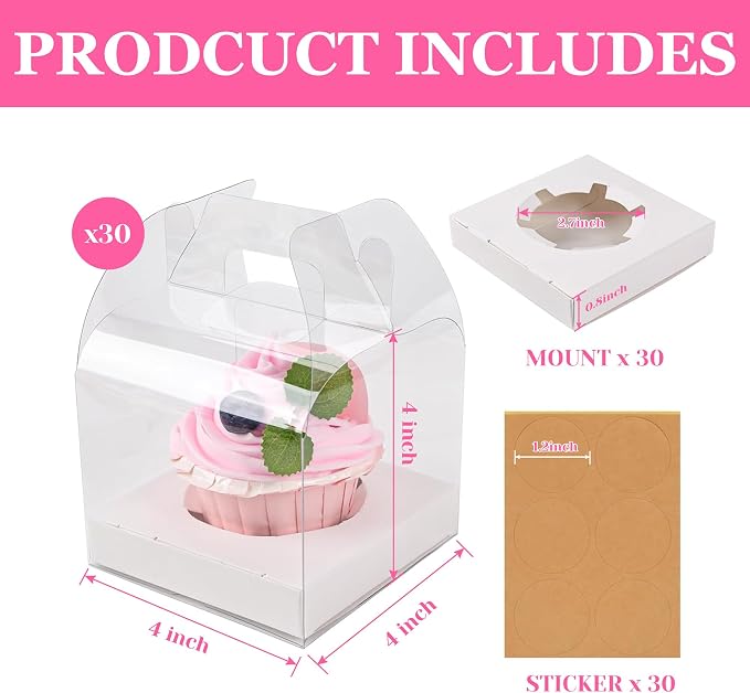 30 PCS Individual Cupcake Containers Single Cupcake Boxes with Handle and Inserts Clear Plastic Favor Boxes