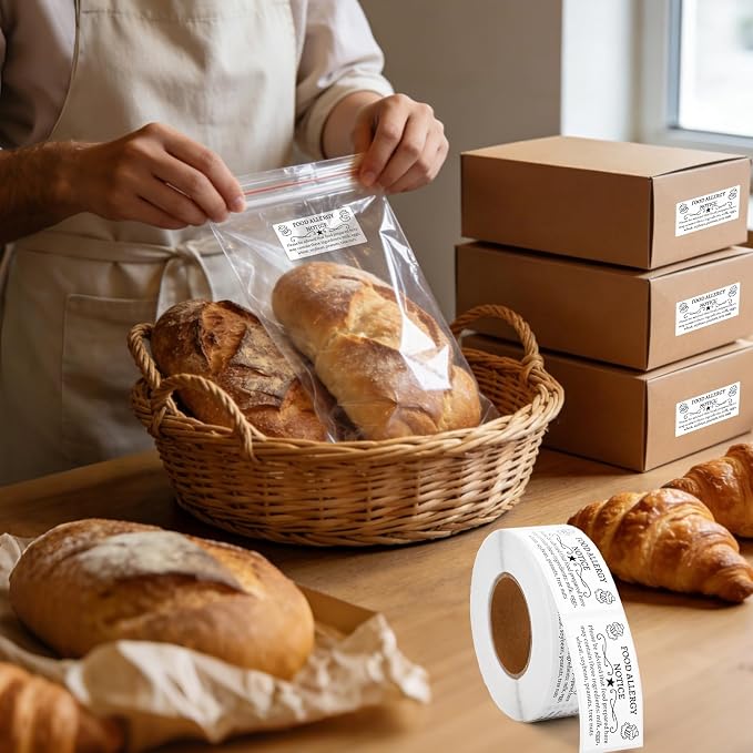 500pcs Cottage Food Law Labels Stickers, 1.97x0.98 Inch/5 x 2.5 cm Adhesive Bakery Food Allergy Labels Inspection Contains Nuts Allergen Ingredient Stickers for Home Baking Homemade Baked Goods