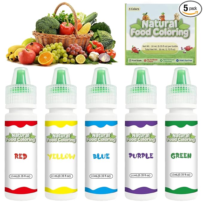 Natural Food Coloring Set, 5 Colors Red Yellow Blue Green Purple, Plant-Based Edible Liquid Color for Baking, Decorating, Fondant, Frosting & Holiday Desserts 10mL/Bottles