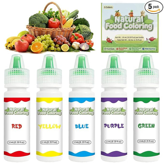 Natural Food Coloring Set, 5 Colors Red Yellow Blue Green Purple, Plant-Based Edible Liquid Color for Baking, Decorating, Fondant, Frosting & Holiday Desserts 10mL/Bottles