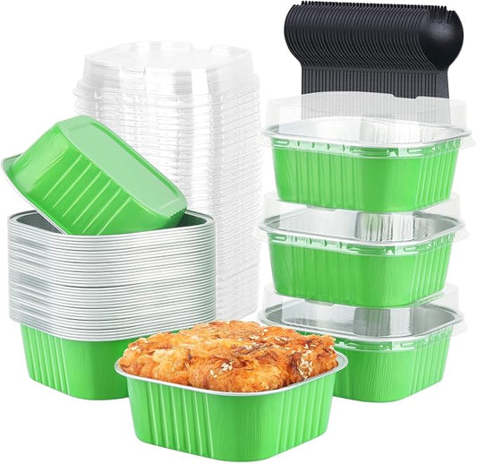LNYZQUS Mini Cake Pans with Lids and Spoons,10oz Disposable Small Foil Baking Tins,40 Pack Individual Cake Containers for Home Bakers Bake Sales-Green,4x4 Square