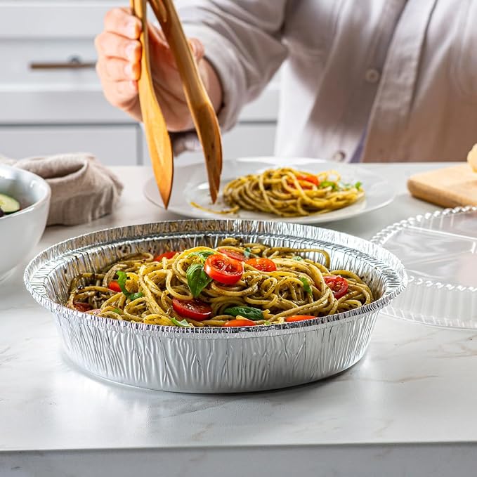 GUSTO 9-Inch Disposable Round Aluminum Foil Pans with Clear Plastic Dome Lids, [50 Count] Ideal for Baking, Cooking, Food Storage & Reheating (Formerly Comfy Package)
