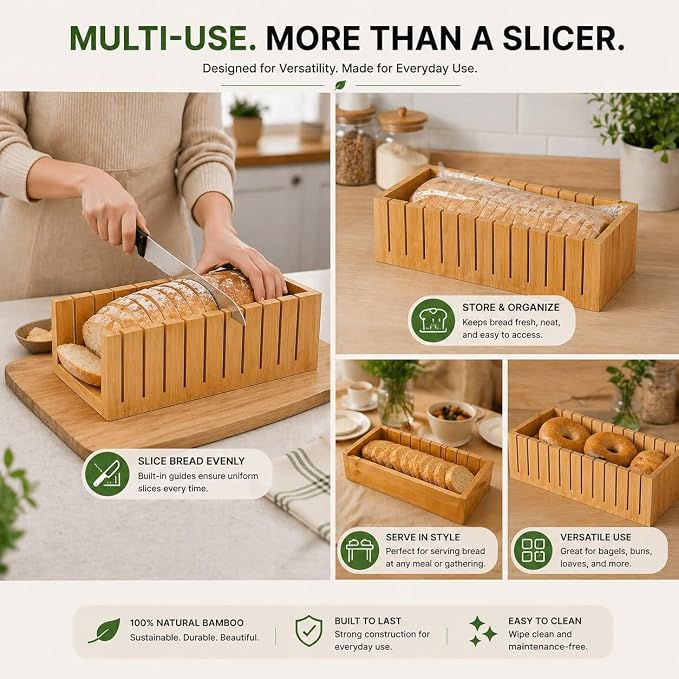 S V Wooden Bread Slicer Cutting Guide Box – Premium Bamboo Loaf Slicing Tool for Even and Uniform Slices, Durable and Easy to Use Bread Cutting Holder