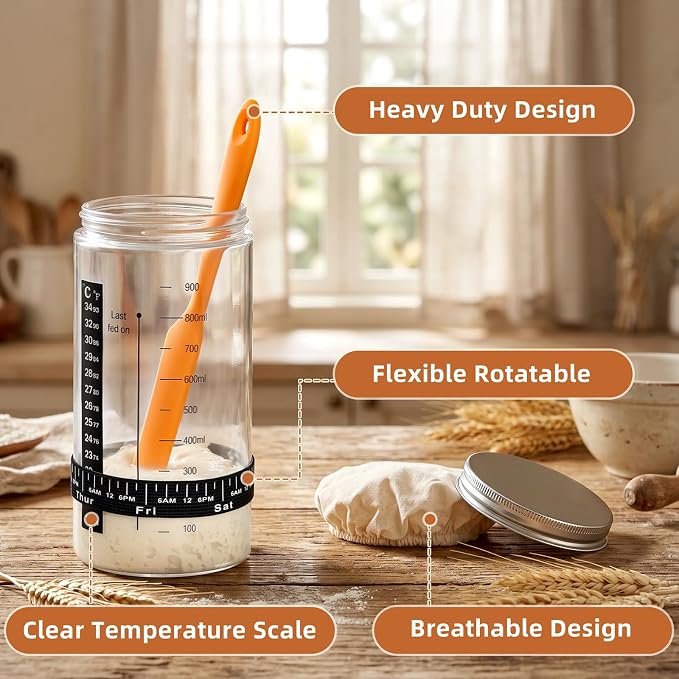 34 oz Sourdough Starter Jar, Large Artisan Glass Sourdough Starter Jar Kit with Long Silicone Spatula, Temperature Strip, Feeding Tracking Band, Linen Cloth Cover & Aluminum Lid