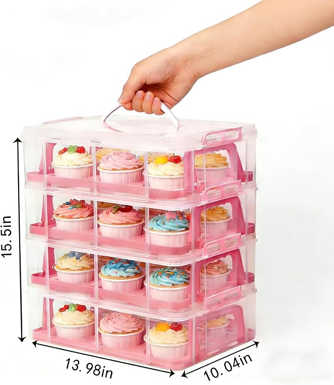 Cupcake Carrier Stackable Storage Container Collapsible Cake Carrier with Lid and Handle, with 50 PCS Cupcake liners,Reusable Plastic Dessert Travel Container,Transport Box (48 Cupcakes Pink)