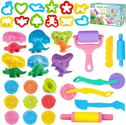 Dough Tools Set, 34 Pcs Dough and Clay Accessories with Stamp, Cutters, Dino Maker, Animals Molds, Rolling Pins, Modeling Clay Play Tools Kit for Boys Girls