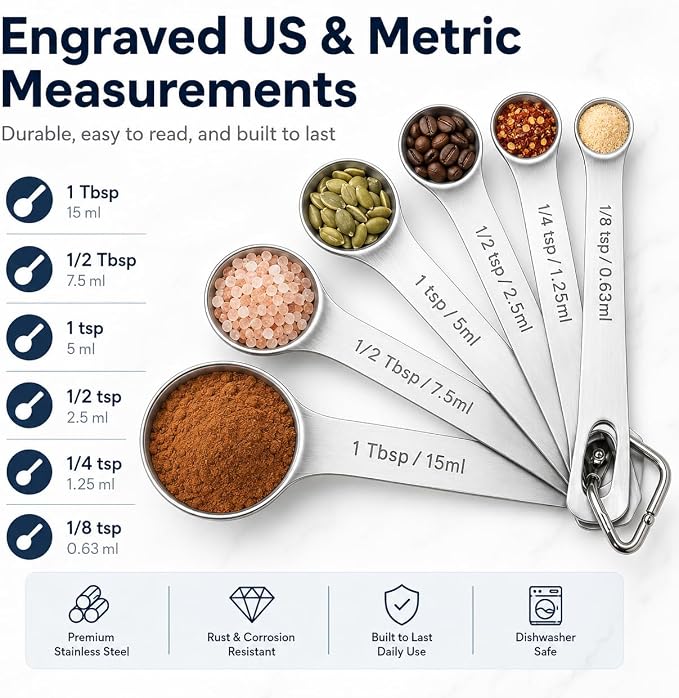 Stainless Steel Measuring Spoons Set of 6, Metal Measuring Spoons with Engraved US & Metric Measurements, Stackable with Ring Connector, Dishwasher Safe for Baking & Cooking