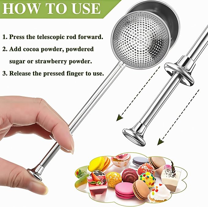 2Pcs Flour Sifter for Baking, One-hand Operation Sugar Shaker Stainless Steel | Long Handle Flour Sifter with Tray, Sourdough Bread Baking Supplies, Fine Mesh Holes, For Stirring, Gift Package