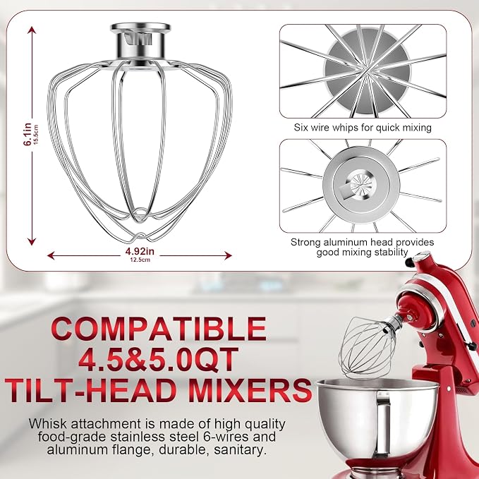 6-Wire Whip Attachment Fits KitchenAid Tilt-Head Stand Mixer Replace K45WW, Stainless Steel, Egg Heavy Cream Beater, Cakes Mayonnaise Whisk (All Stainless Steel)