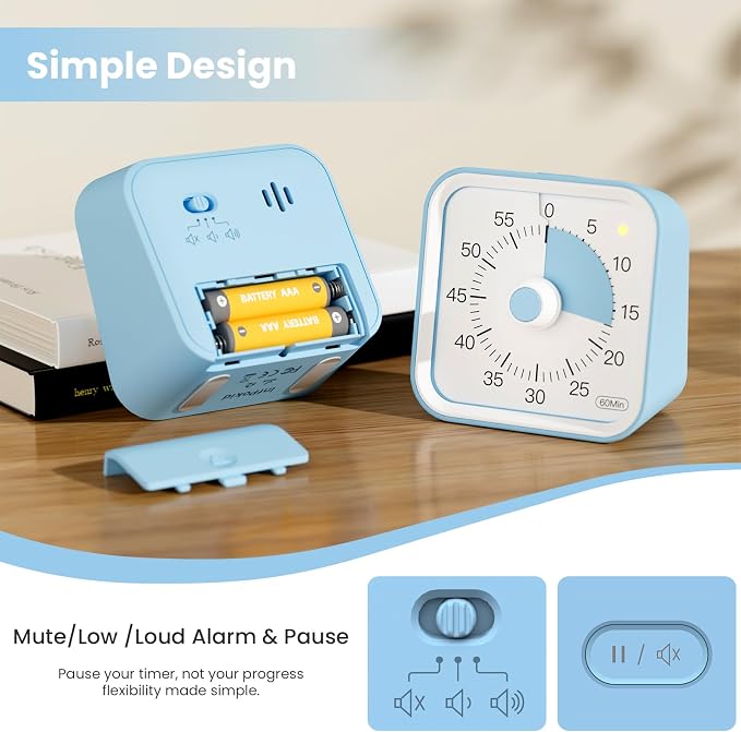 Visual Timer for Kids with Pause Function, 60 Minute Countdown Timer for Kids Desk Study, Teaching, Kitchen Cooking, Office Meetings, Time Management for ADHD (Blue)