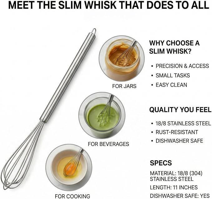 11-Inch Slim French Whisk – 18/8 Stainless Steel Wire Whip with Long Handle – Narrow Stirrer for Mason Jars, Coffee & Cocktails – Small Whisk for Eggs, Sauces, Dressings & Nut Butters