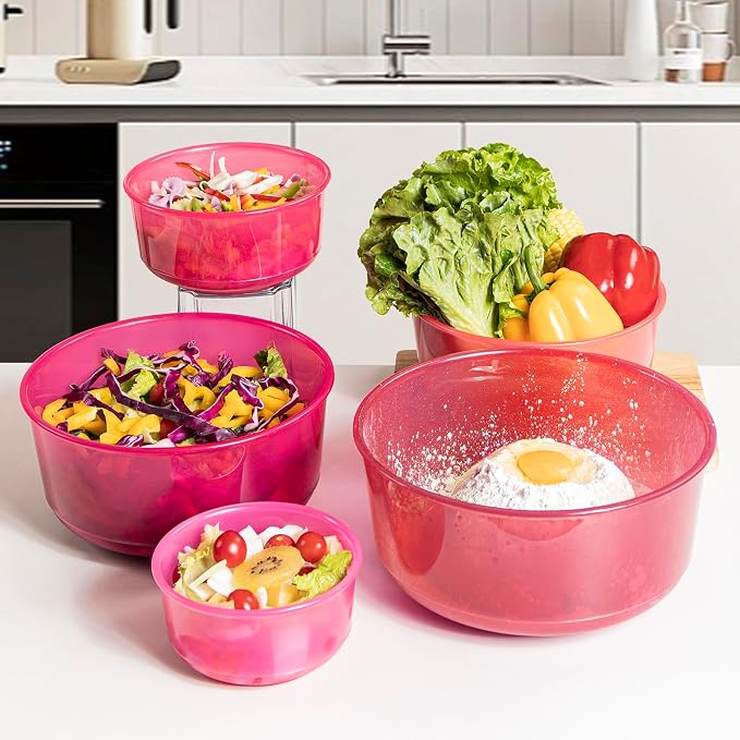 5PC Mixing Bowls Set with Lids | Ombre Pink BPA-Free Nesting Salad & Meal Prep Bowls for Mixing, Serving & Storage (0.74 QT - 4.65 QT) Dishwasher Safe (Lids Not Microwave-Safe)
