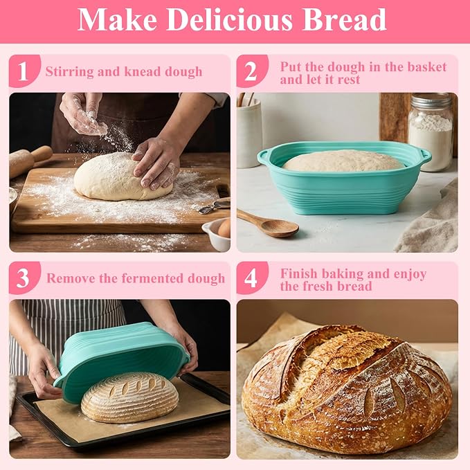 4 PCS 10 Inch Silicone Banneton Bread Proofing Baskets, Bread Proofing Bowl | Oval Sourdough Breads Baking Supplies with Double Ear Handles Foldable Oven Safe-BPA Free