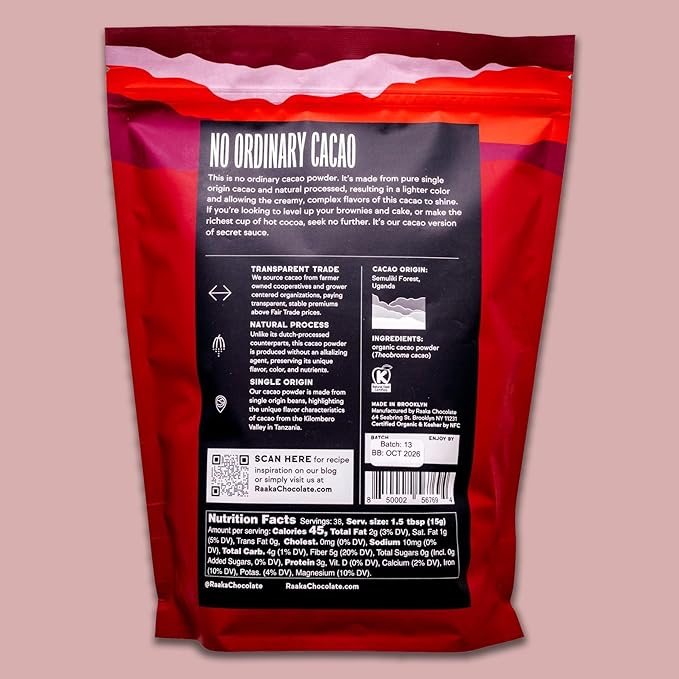 Raaka Organic Cacao Powder - Unsweetened, Non-Alkalized, 32oz Resealable Bag