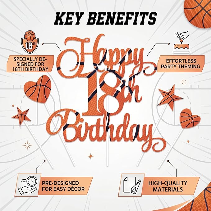 Happy 18th Birthday Cake Toppers Set, Basketball Cake Decorations for Boys Girls Birthday Anniversary Party Decor Supplies