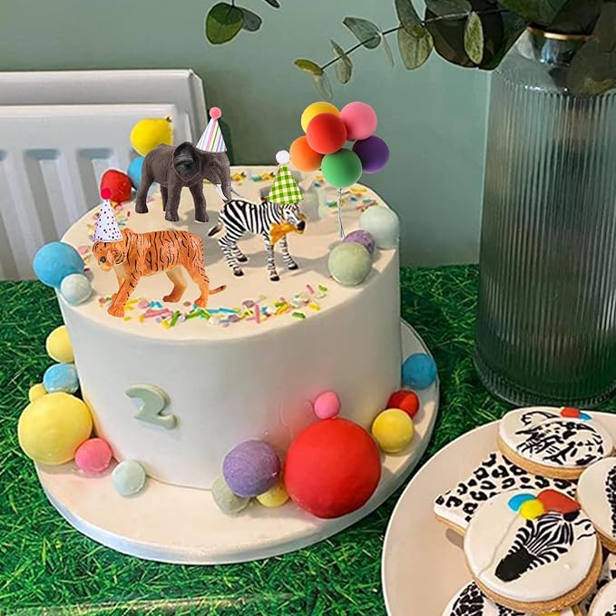 Safari Animal Cake Toppers with Mini Birthday Party Hat Color Balls Cake Decorations for Jungle Wild Themed Baby Shower Birthday Party Supplies (Safari Animal)