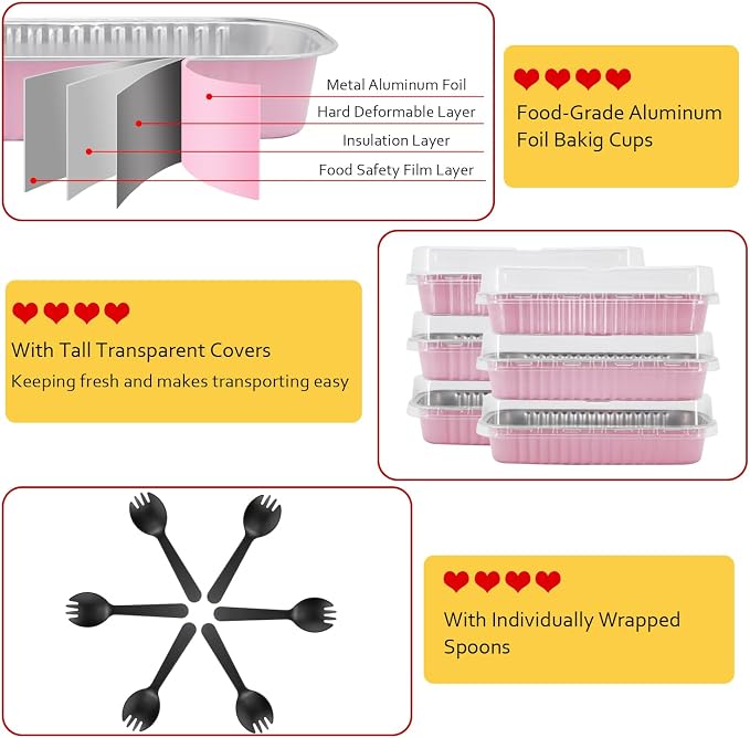 LNYZQUS Mini Loaf Pans With Lids 50 Pack, 6.8oz Rectangle Aluminum Foil Baking Pans Tins Containers,Disposable Ramekins Baking Cups Muffin Tins Cupcake Cups For Mini Cake Bread Loaf -Pink