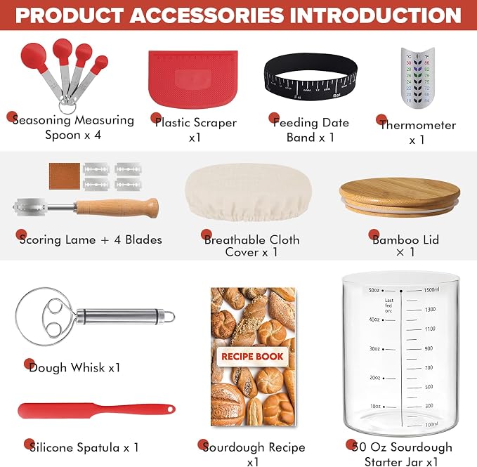 RYTOXILO Sourdough Starter Jar Kit, 50 Oz Glass Large Sour Dough Jars Wide Mouth for Beginners, 8 Pcs Bread Starter Container Set with Bamboo Lid, Sourdough Jar with Bread Baking Supplies Accessories