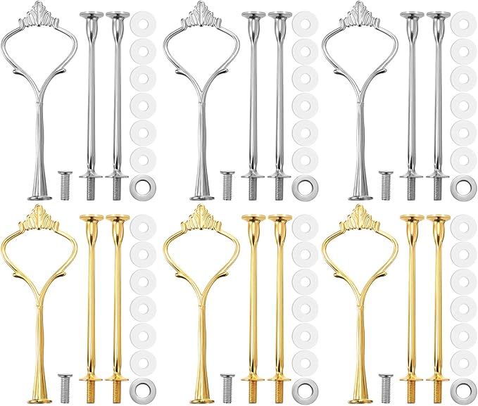 6 Sets 3 Tier Cake Stand Hardware Tiered Tray Plate Hardware Kit Heavy Metal Cake Fruit Food Plate Stand Fitting Stacking Kit for Serving Dessert Cupcake Dish Food(Simple,Silver, Gold)