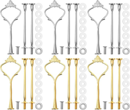 6 Sets 3 Tier Cake Stand Hardware Tiered Tray Plate Hardware Kit Heavy Metal Cake Fruit Food Plate Stand Fitting Stacking Kit for Serving Dessert Cupcake Dish Food(Simple,Silver, Gold)