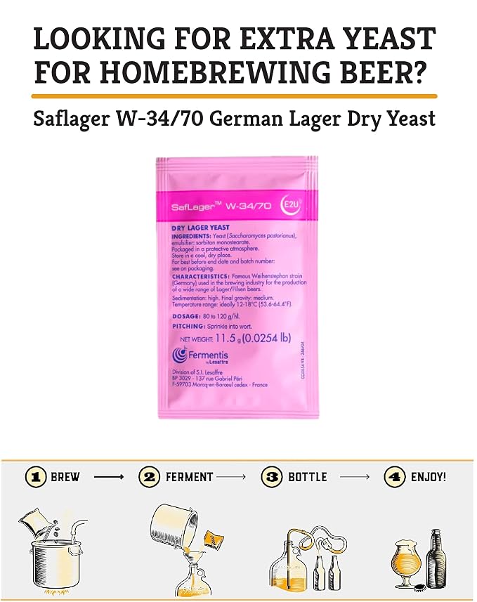 Craft A Brew - SafLager W-34/70 Yeast - German Lager Dry Yeast - For Craft Lagers - Ingredients for Home Brewing - Beer Making Supplies - [1 Pack]