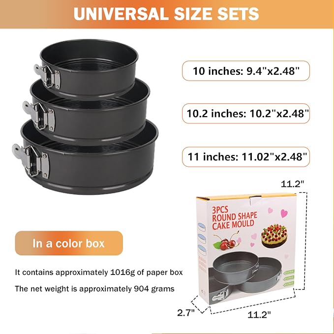 Springform Cake Pan, Cake Pan with 3 Different Size (9.5,10.2,11inch), Cake Molds for Baking with Removable Bottom, Non-Stick Bakeware for Effortless Baking（with 50 Pcs Parchment Paper Liners）