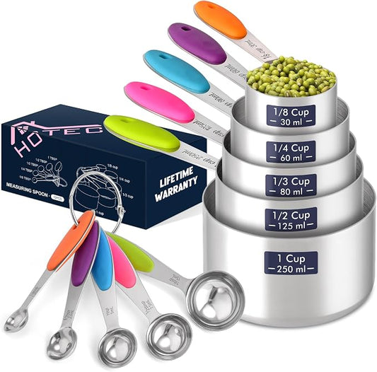HOTEC 10-Pack Measuring Cups &Spoons Set, Kitchen Gadagets Cooking Baking, Measuring Spoons, Heavy Duty & Dishwasher Safe for Dry and Liquid Ingredients, Multicolor