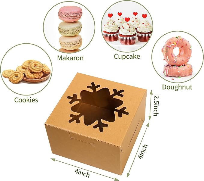 24 PCS Brown Bakery Boxes with Window, 4x4x2.5 Inch Christmas Cookie Boxes Small Christmas Treat Boxes Holiday Xmas Cake Box for Christmas Cupcakes, Cookies, Donuts Gift-Giving, Pastries