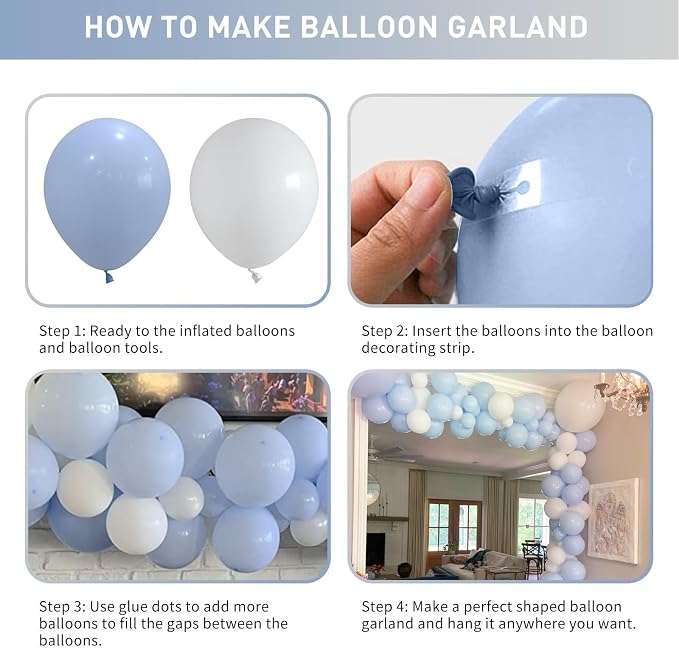 Blue and White Balloon Arch Kit, 100pcs Light Blue White Balloon Garland Kit with Different Sizes Balloons, Baby Blue Pastel Blue White Balloons for Baby Shower Wedding Birthday Party Decorations