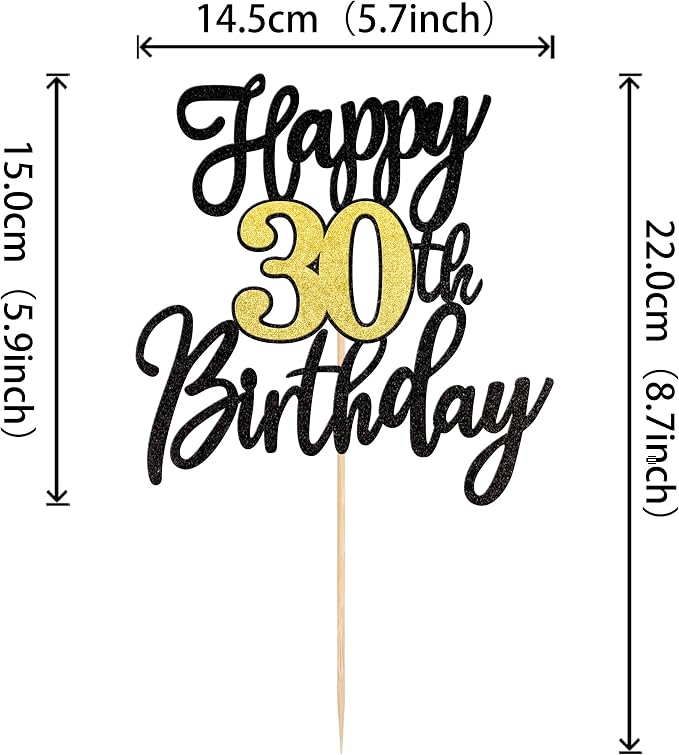 1 PCS Happy 30th Birthday Cake Topper Black Gold Glitter Cheers to 30 Years Birthday Cake Pick 30 Fabulous Cake Decoration for Happy 30th Birthday Anniversary Party Cake Decorations Supplies
