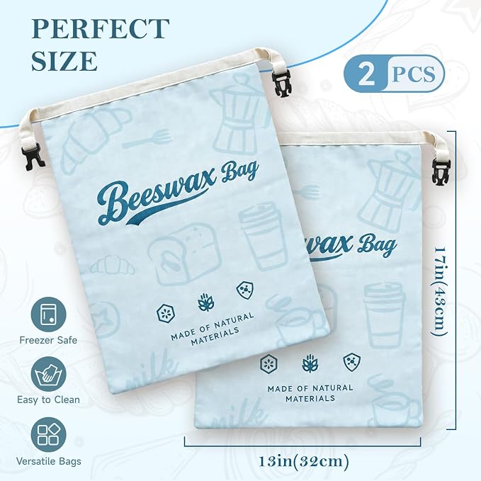 2 Pack Blue Beeswax Bread Bags for Sourdough, Reusable Organic Linen Beeswax Bread Bag 17 x 12.6 Inches, Food Storage Drawstring Cloth Bag, Freezer-Friendly Freshness Preservation for Homemade Baking