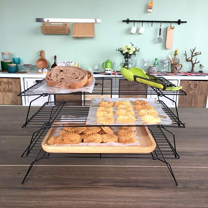 Kingrol 6-Piece Stackable Cooling Racks for Baking, Two 3-Tier Sets | Nonstick-coated steel, foldable legs, stacked or separate use, ideal for cookies, cupcakes, pastries, pies, and cake layers