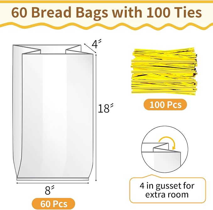Bread Bags with Ties, 60 Clear Bread Bags for Homemade Bread and 100 Ties, Adjustable Reusable Plastic Bread Bags, Bread Loaf Bags for Home Bakers and Bakery Owners