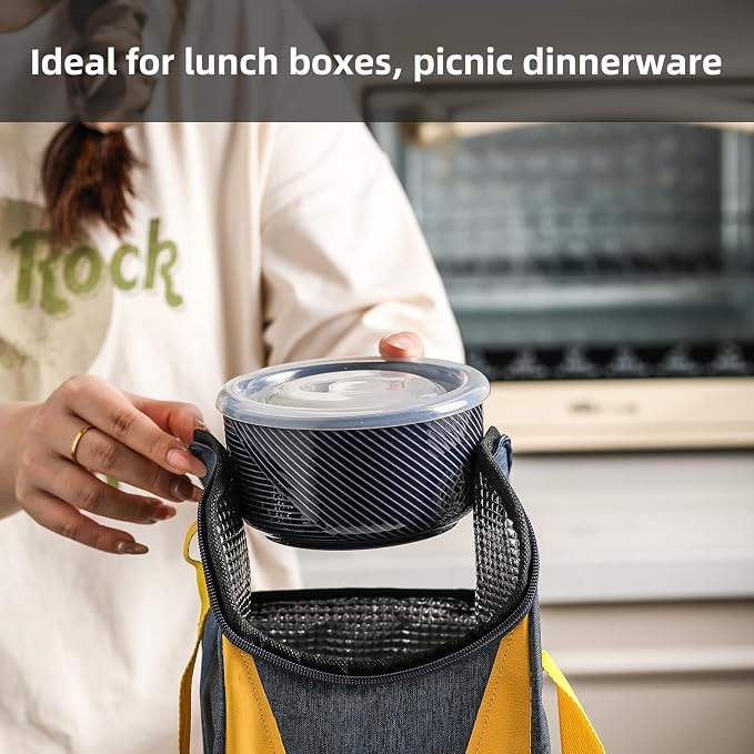 Ceramic Nesting Bowls with Lid: Microwave Safe Food Storage Containers for Work Lunch Picnic Camping Meal Prep Soup Salad Cereal Leftovers - 5 & 6 Inch, 20 & 32 oz, Set of 4, Navy