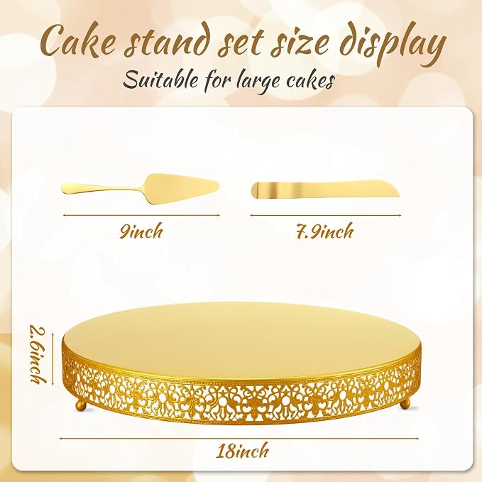 Wenqik 18 Inch Gold Cake Stand Set Metal Round Cupcake Dessert Stand with Cake Cutting, Spatula Wedding Cupcake Pastry Display Candy Holder Display for Wedding Party Birthday Baby Shower(Classic)