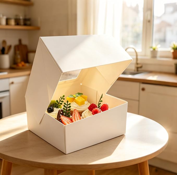 Jotique Cupcake Boxes with Window, 6 Sets 6x6x3 Inch White Paper Bakery Boxes for Cookies and Muffins, Sturdy Disposable Treat Boxes for Individual Pastry, Baked Goods, Gift Giving