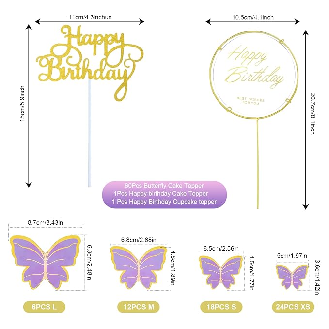60Pcs Butterfly Cupcake Topper Purple Gold, Lively 3D Butterflies with 2Pcs Happy Birthday Topper for Cake Decor Birthday Anniversary Kids Wedding Girl Women Party Wall Food Decorations,Mixed Size