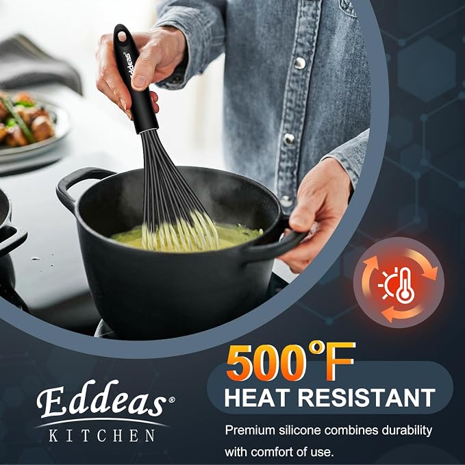 Whisks For Cooking - 500 °F Heat Resistant Silicone Whisk, Heavy Duty 7",9"&11inch Non-Scratch Balloon Kitchen Wisk tool Set, for cooking Wisking, Blending, Beating, Stirring, 3 Piece Black