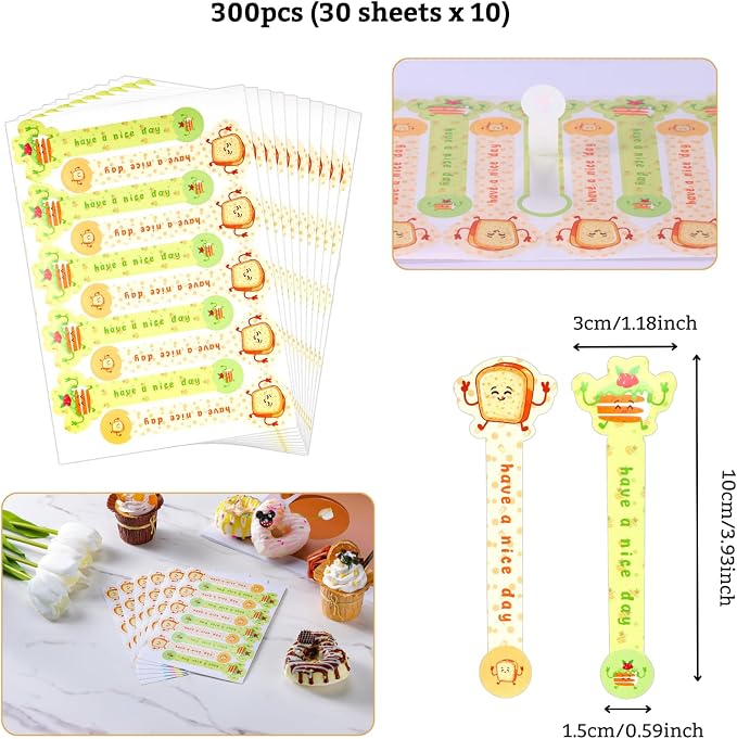 Beyonday 300pcs Handmade Lollipop Baking Stickers for Cake Box/Tin/Jar/Coffee Cup/Bottle, Cute Bread Cake Long Label Sealing Bakery Stickers for Gift Wrapping Self-Adhesive Tamper Evident Seal Labels