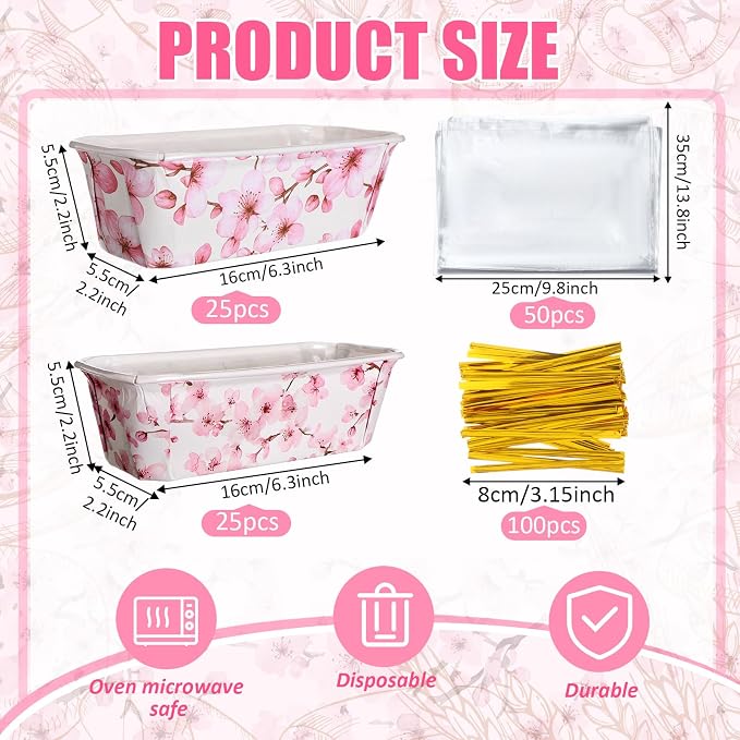 Hushee 50 Sets Pink Blossom Paper Loaf Pans with Bags, 6.3x2.2x2.2" Disposable Mini Bread Baking Molds, Floral Cake Liners for Baby Shower Wedding Birthday Spring Gifts