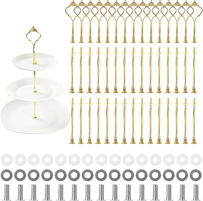 QTLCOHD 15 Sets 3 Tiered Cake Stand Hardware Kit, Zinc-Alloy, Gold Crown | Heavy Duty 3 Tier Cake Plate Handle Fitting Hardware Rod for Dessert Serving Trays Cupcake Fruit Holder