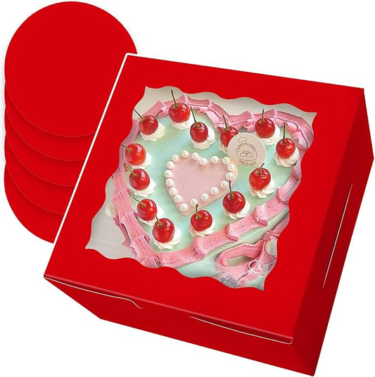 Bakepacker Red 8x8x5 Inches 36pcs Cake Boxes with Window 18-Packs Red 8 Inch Bakery Boxes (18 Cake Boxes +18 Cake Boards Included)