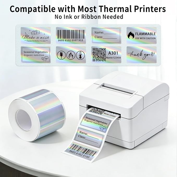 500Pcs 2.25"x1.25" Holographic Thermal Labels, Rectangle Thermal Printer Labels, Waterproof Direct Thermal Stickers for Logo Design, Name/Price Tag, QR Code, Address