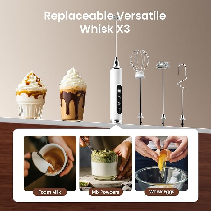 YUSWKO Milk Frother Wand for Coffee, Coffee Frother Handheld Drink Mixer | Rechargeable Mixer Wand, Waterproof Electric Whisk for Protein Powder, Lattes, Cappuccino, 3 Variable Speeds 3 Whisks, White