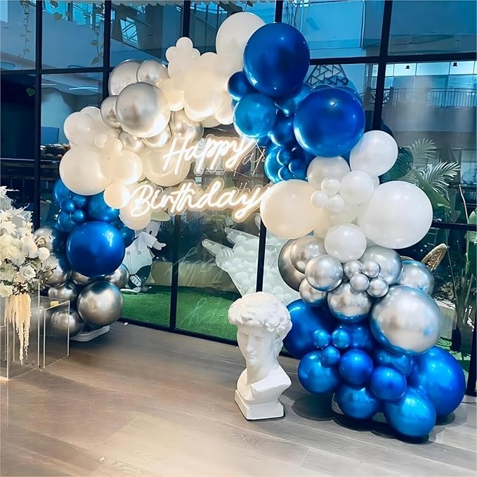 136pcs Blue White Silver Balloon Garland Kit - 18/12/10/5 Inch Royal Blue, Silver Confetti Balloon Arch for New Year, Graduation, Birthday, Father’s Day Decor